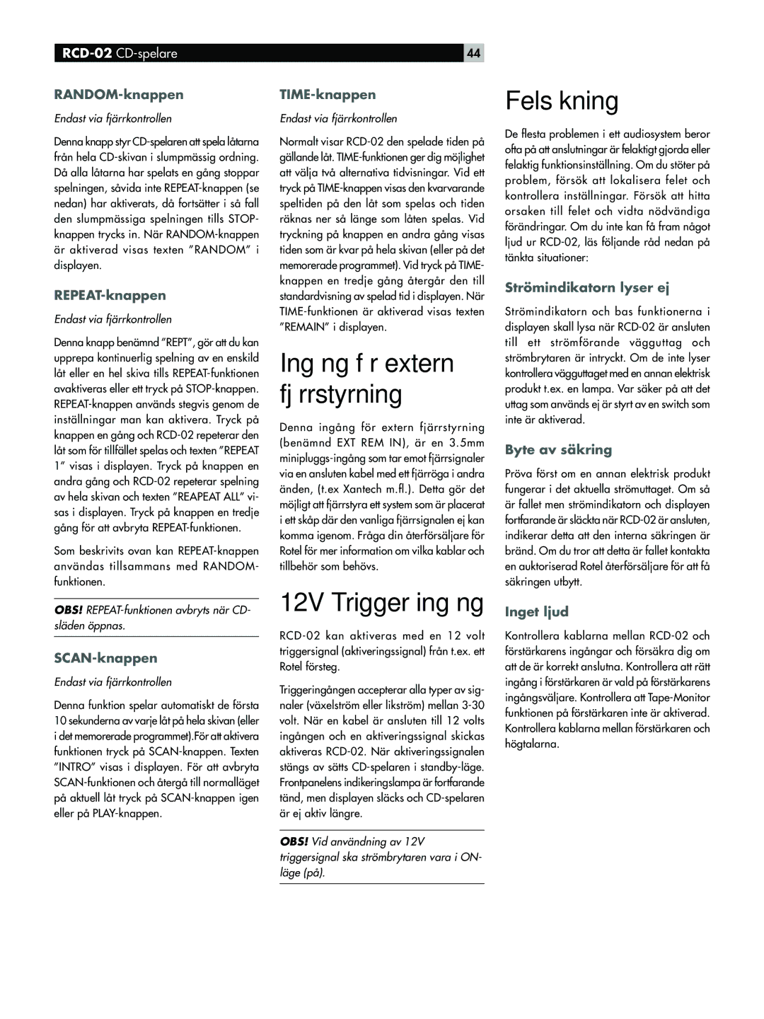 Rotel RCD-02 owner manual Felsškning 