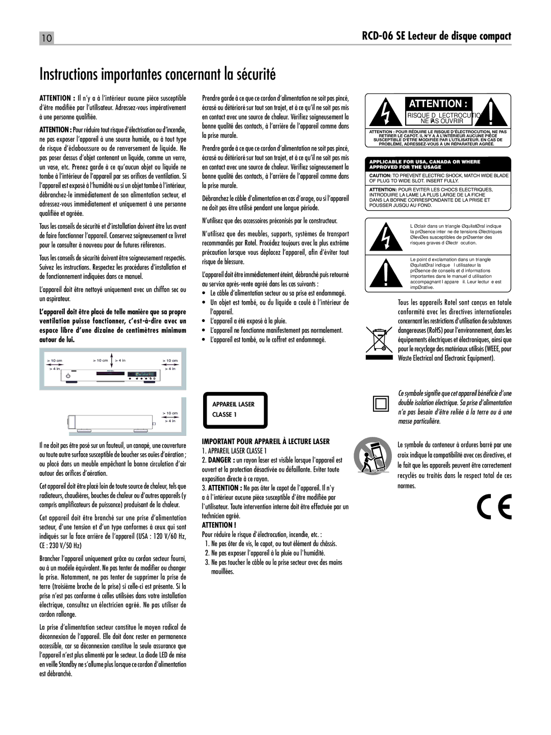 Rotel Instructions importantes concernant la sécurité, RCD-06 SE Lecteur de disque compact, Appareil Laser Classe 