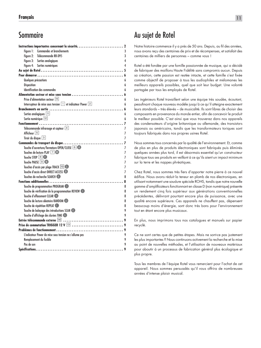 Rotel RCD-06 SE owner manual Sommaire, Au sujet de Rotel 