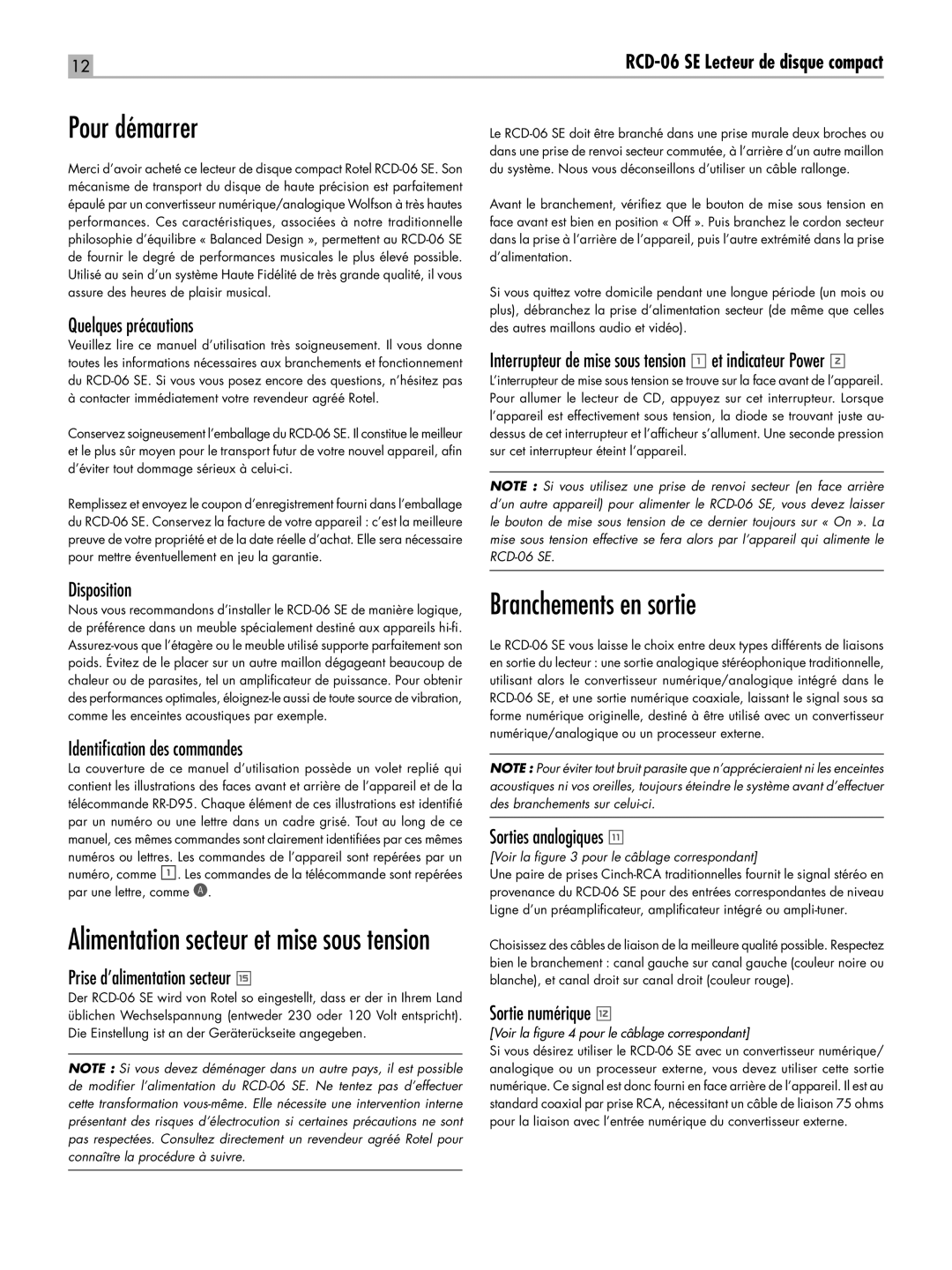 Rotel RCD-06 SE owner manual Pour démarrer, Branchements en sortie 