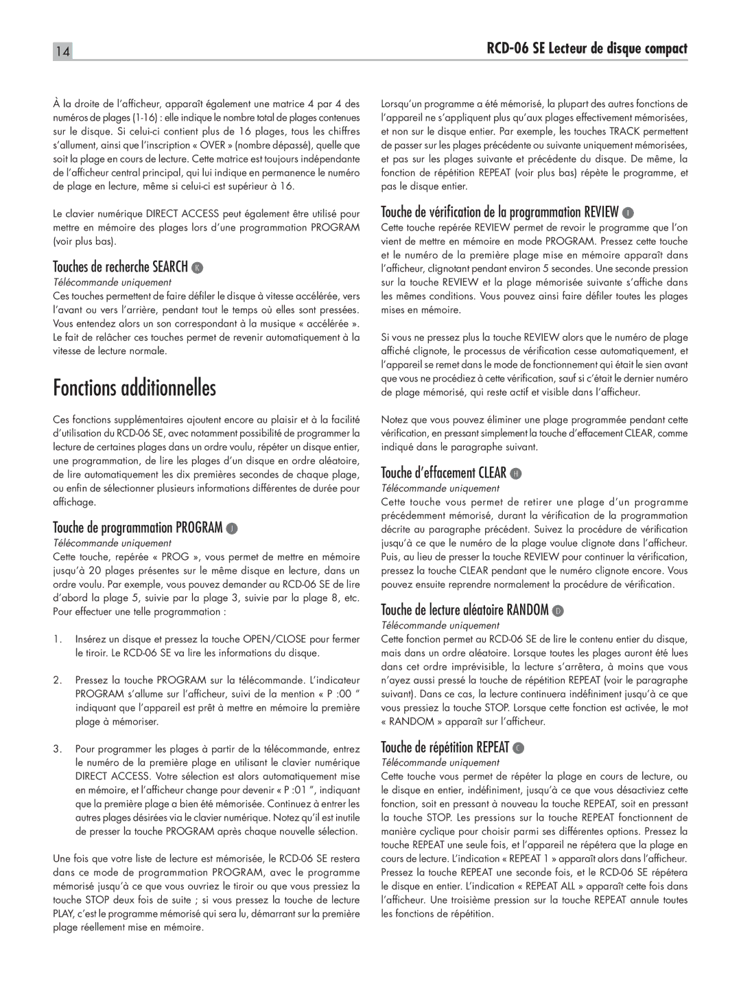 Rotel RCD-06 SE owner manual Fonctions additionnelles 