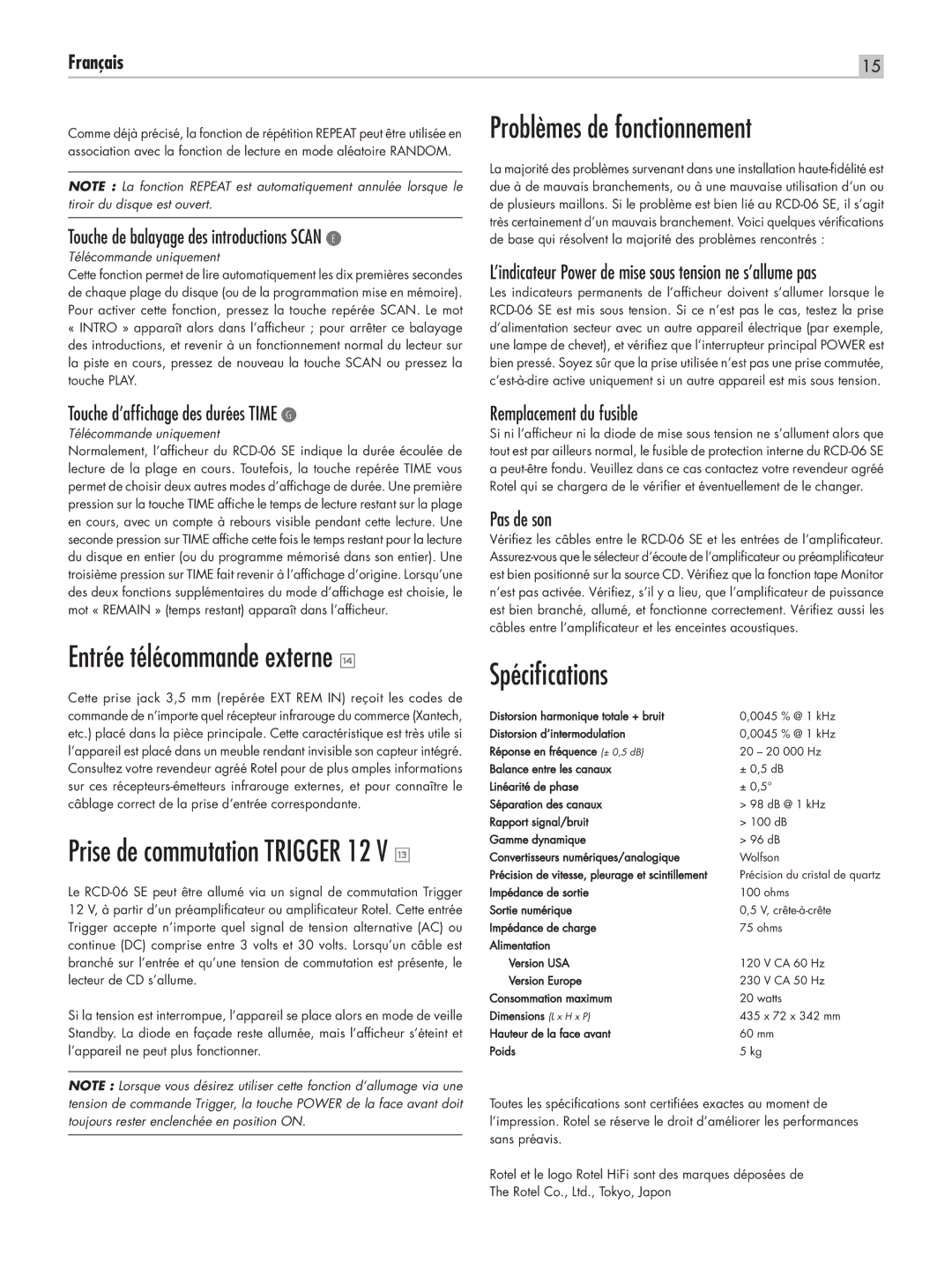 Rotel RCD-06 SE owner manual Entrée télécommande externe w, Problèmes de fonctionnement, Spécifications 