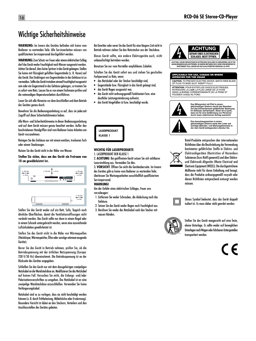 Rotel RCD-06 SE owner manual Wichtig FÜR Laserprodukte, Laserprodukt DER Klasse, Warnung 