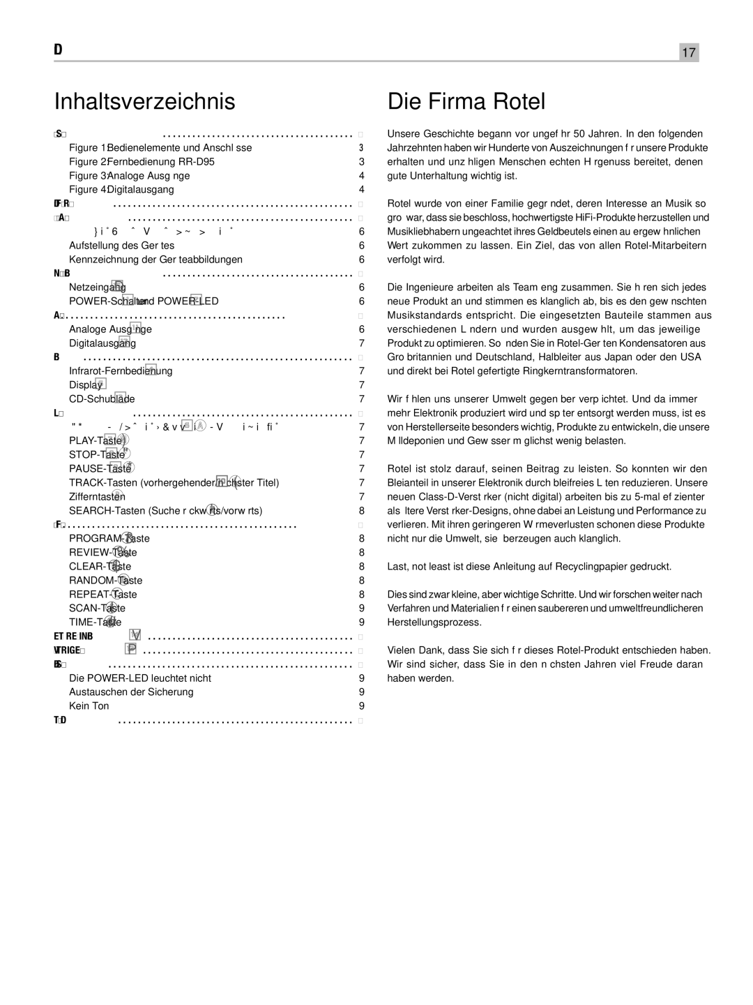 Rotel RCD-06 SE owner manual Inhaltsverzeichnis, Die Firma Rotel 