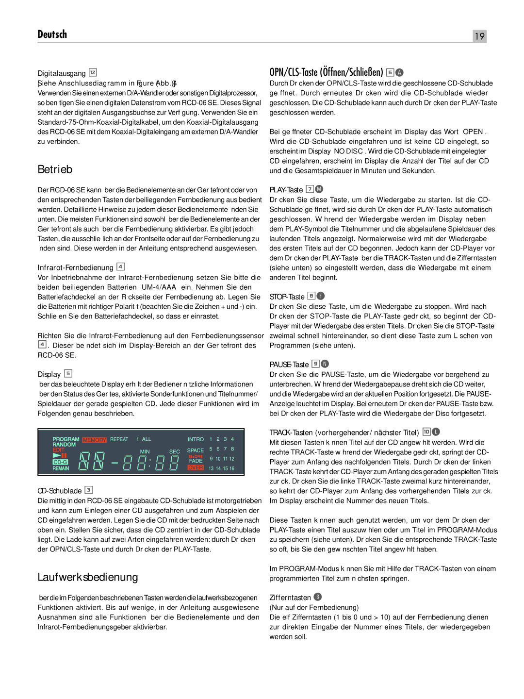 Rotel RCD-06 SE owner manual Betrieb, Laufwerksbedienung 