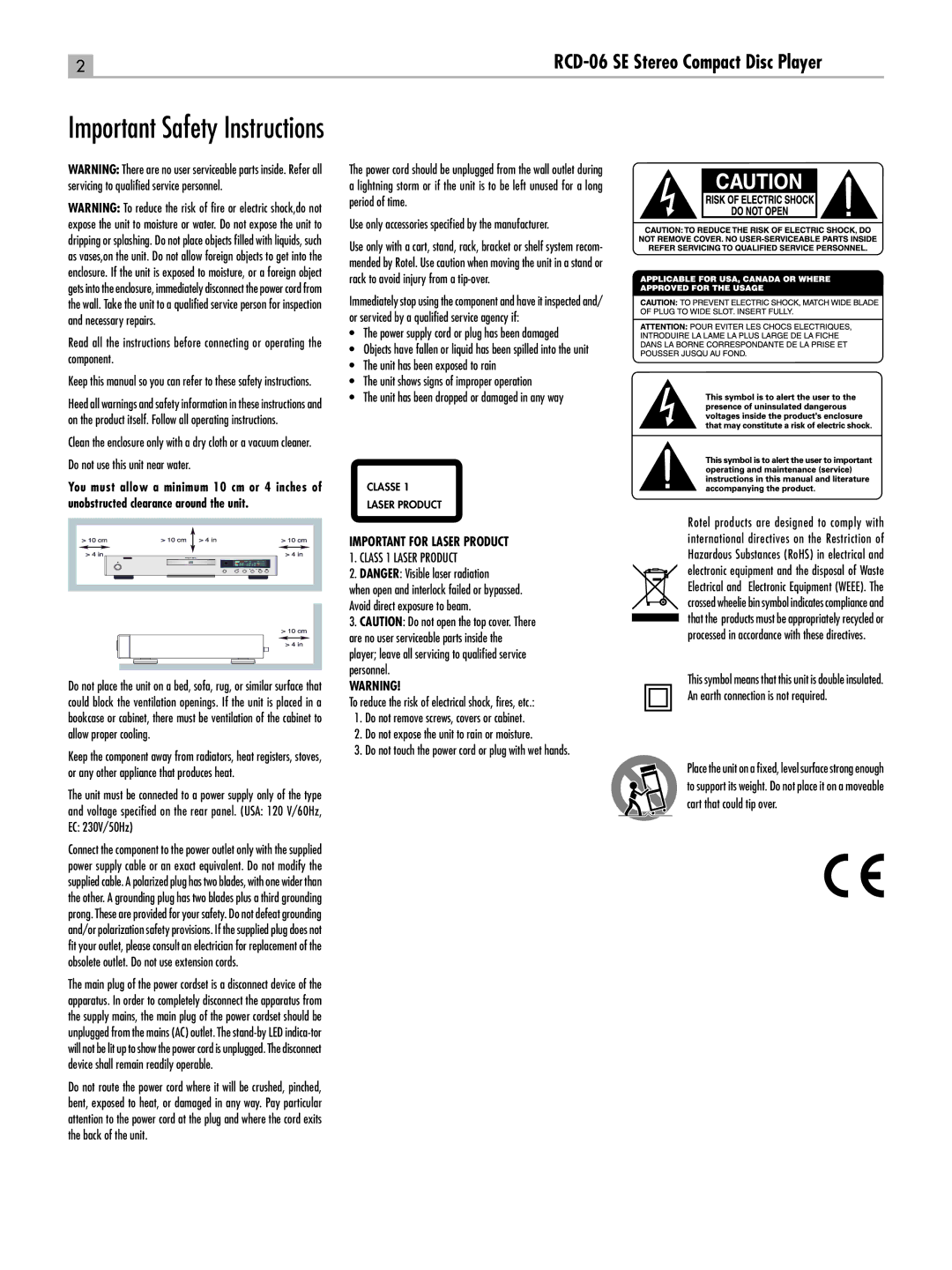 Rotel RCD-06 SE owner manual Important for Laser Product, Class 1 Laser Product 