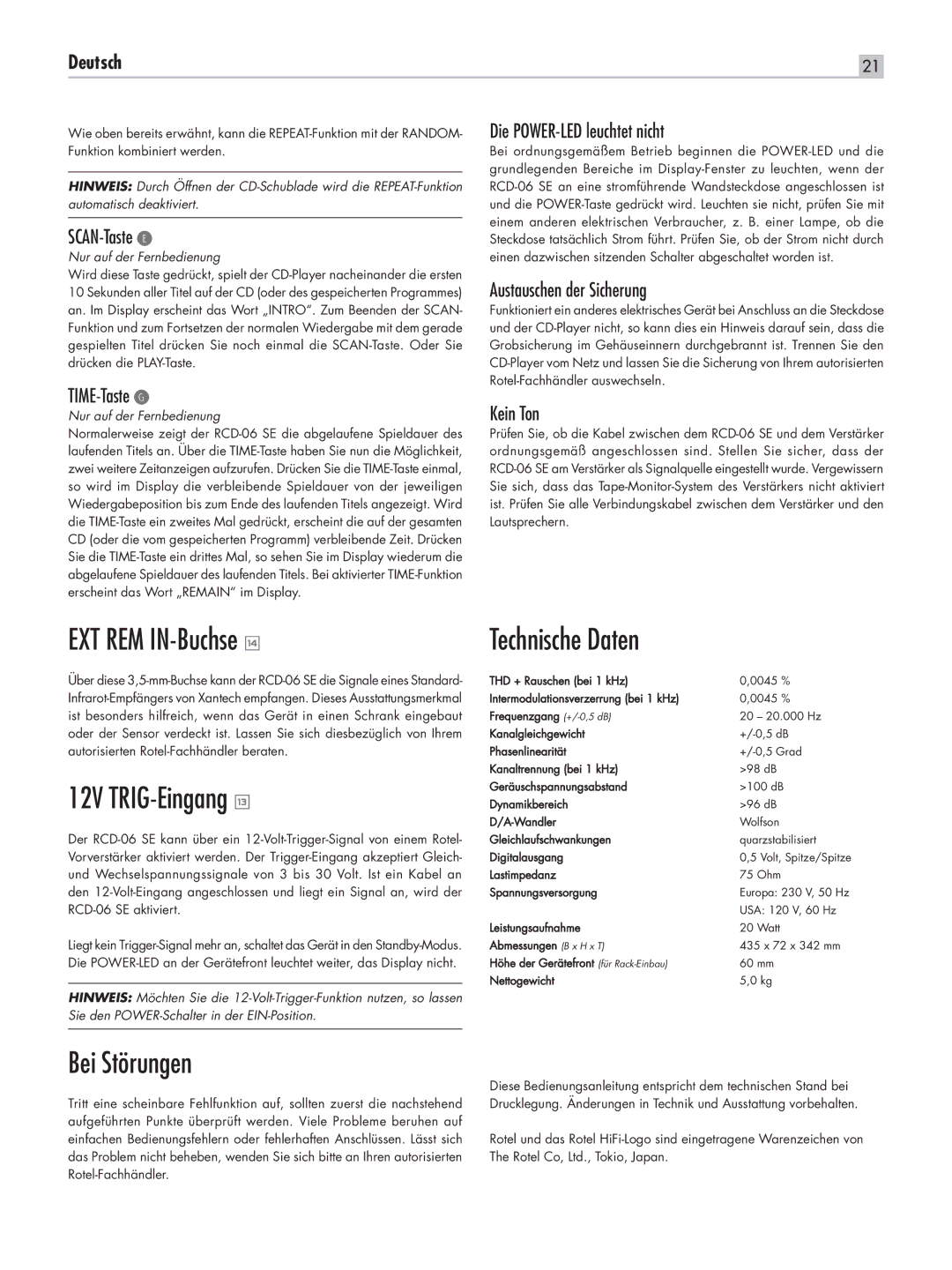 Rotel RCD-06 SE owner manual EXT REM IN-Buchse w, 12V TRIG-Eingang q, Bei Störungen 