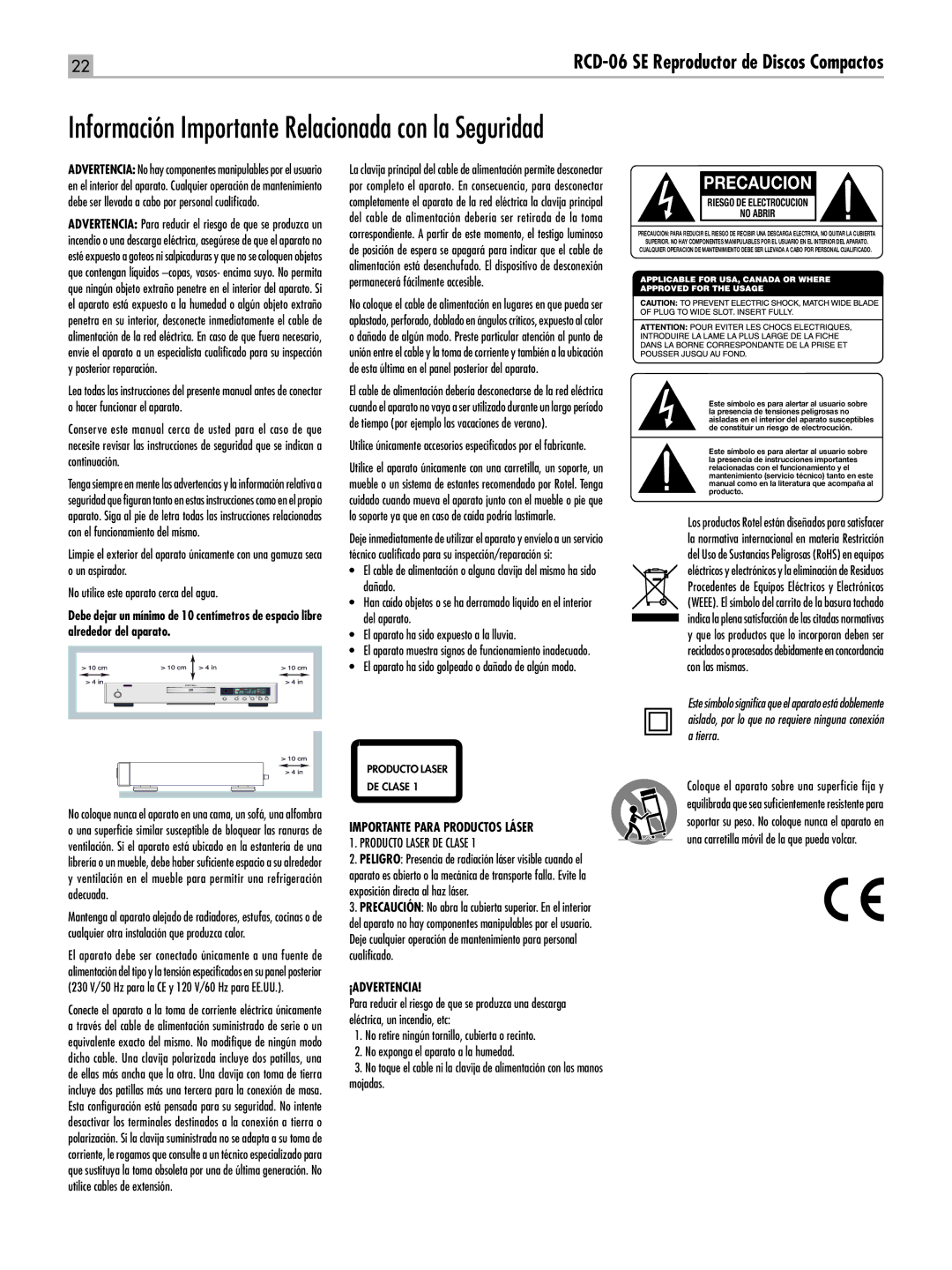 Rotel Información Importante Relacionada con la Seguridad, RCD-06 SE Reproductor de Discos Compactos, ¡Advertencia 