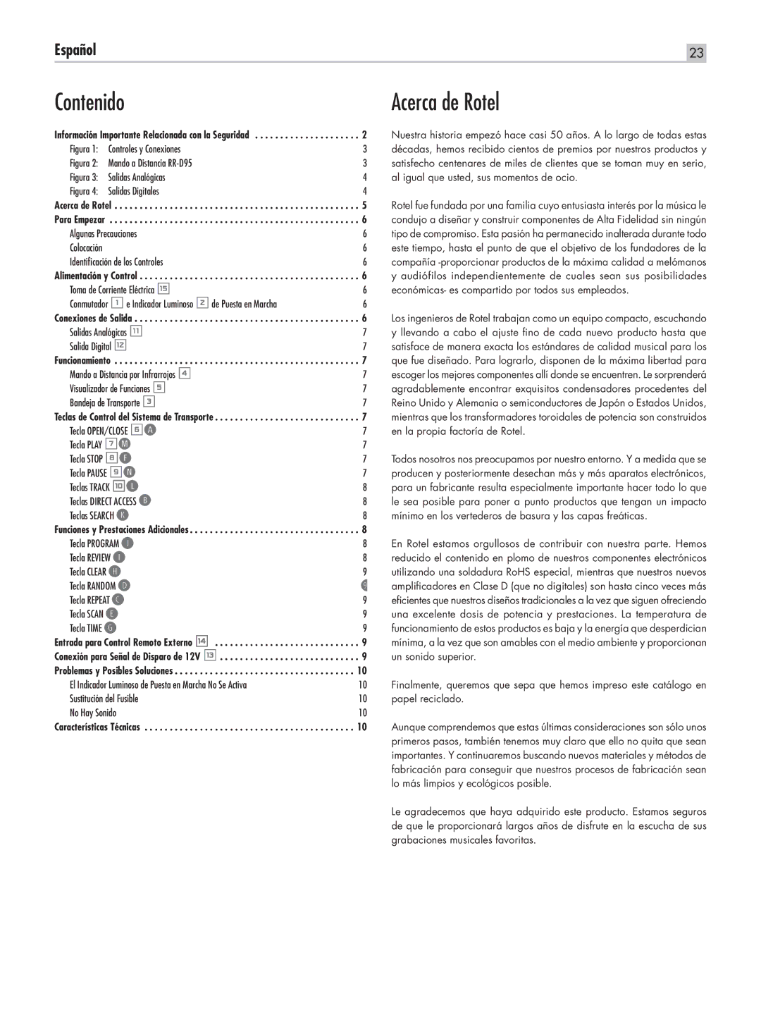 Rotel RCD-06 SE owner manual Contenido, Acerca de Rotel 