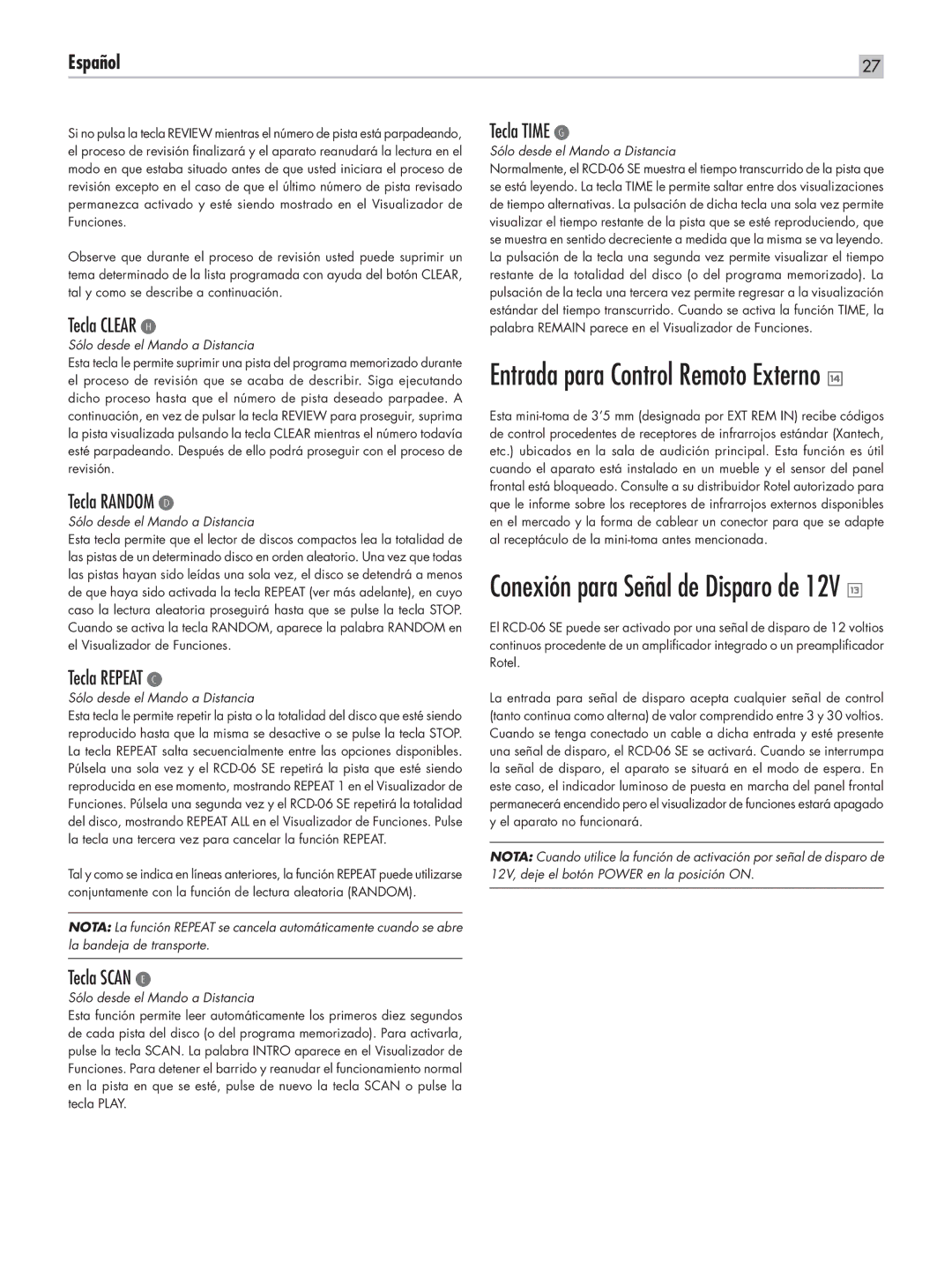 Rotel RCD-06 SE owner manual Tecla Clear H, Tecla Random D, Tecla Repeat C, Tecla Scan E, Tecla Time G 