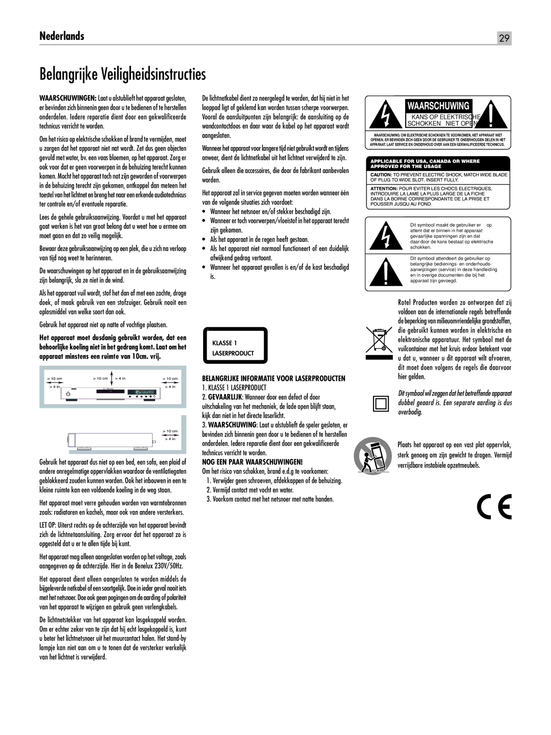 Rotel RCD-06 SE owner manual Belangrijke Veiligheidsinstructies, Klasse 1 Laserproduct, NOG EEN Paar Waarschuwingen 