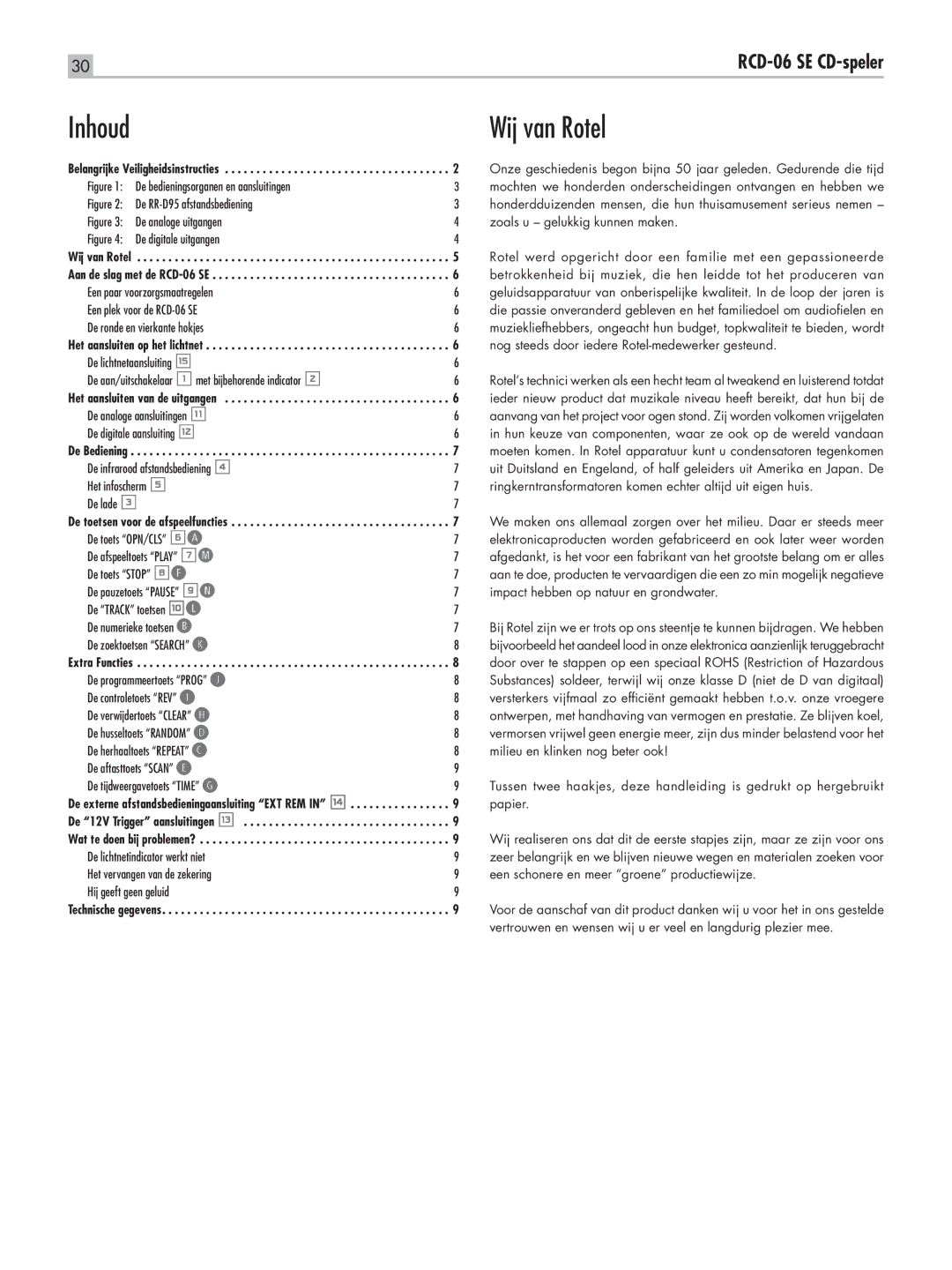 Rotel RCD-06 SE owner manual Inhoud, Wij van Rotel 