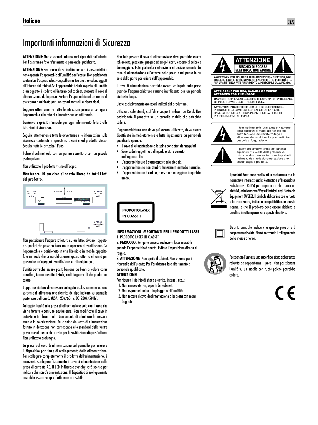 Rotel RCD-06 SE owner manual Importanti informazioni di Sicurezza, Informazioni Importanti PER I Prodotti Laser, Attenzione 