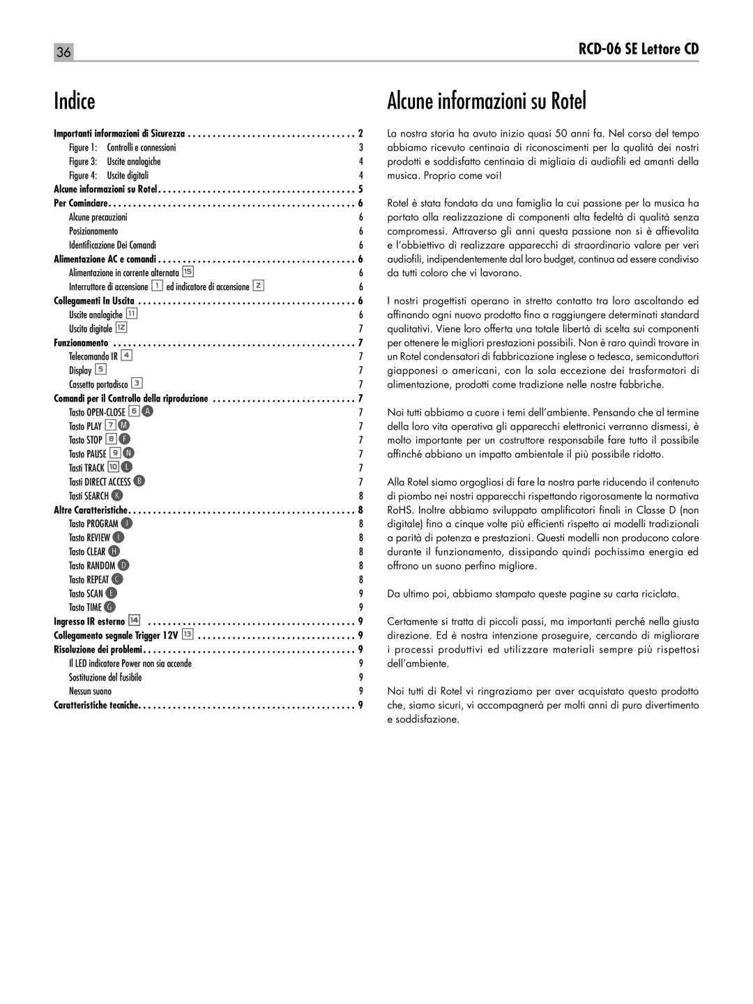 Rotel RCD-06 SE owner manual Indice, Alcune informazioni su Rotel 