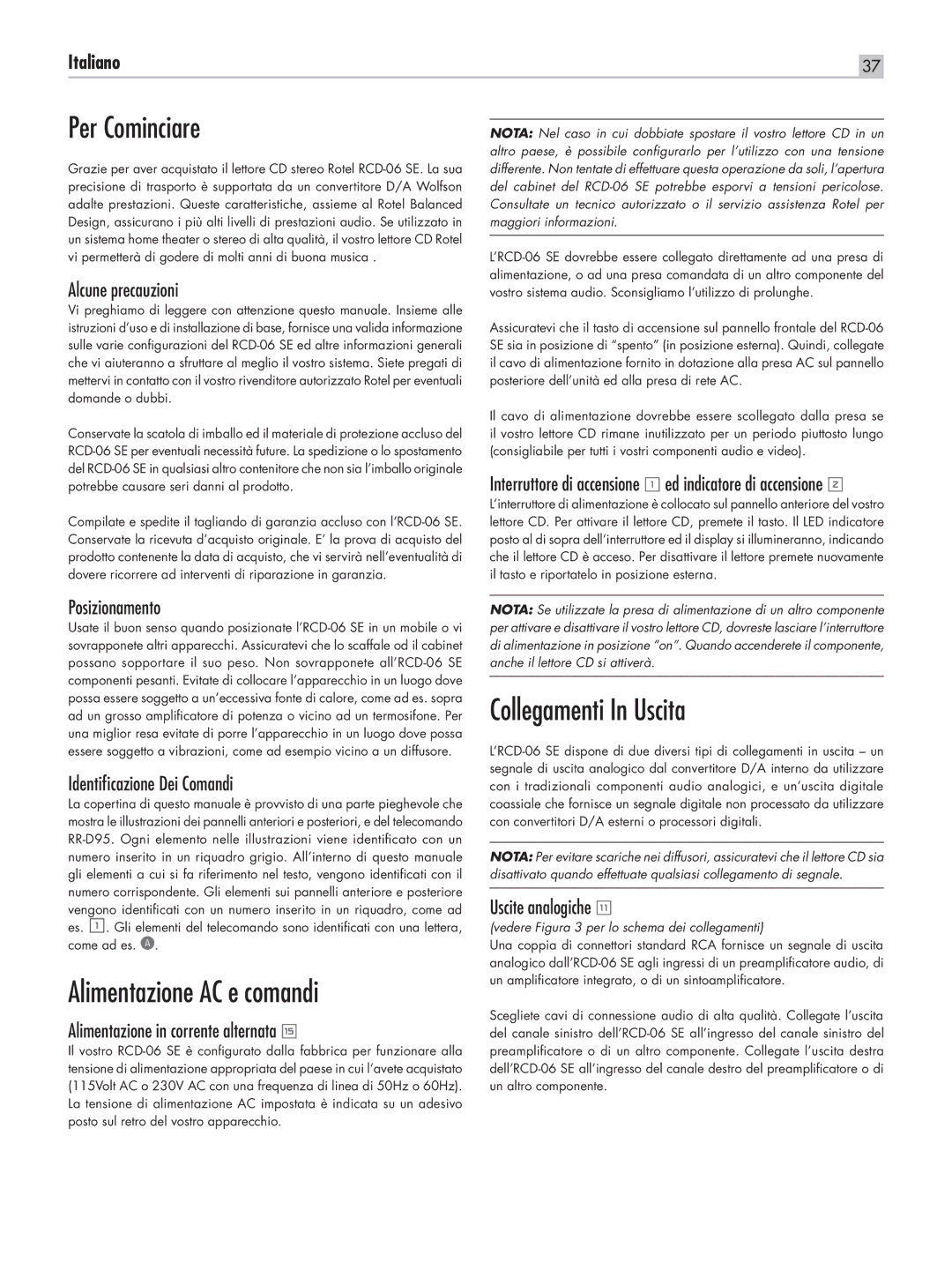 Rotel RCD-06 SE owner manual Per Cominciare, Alimentazione AC e comandi, Collegamenti In Uscita 