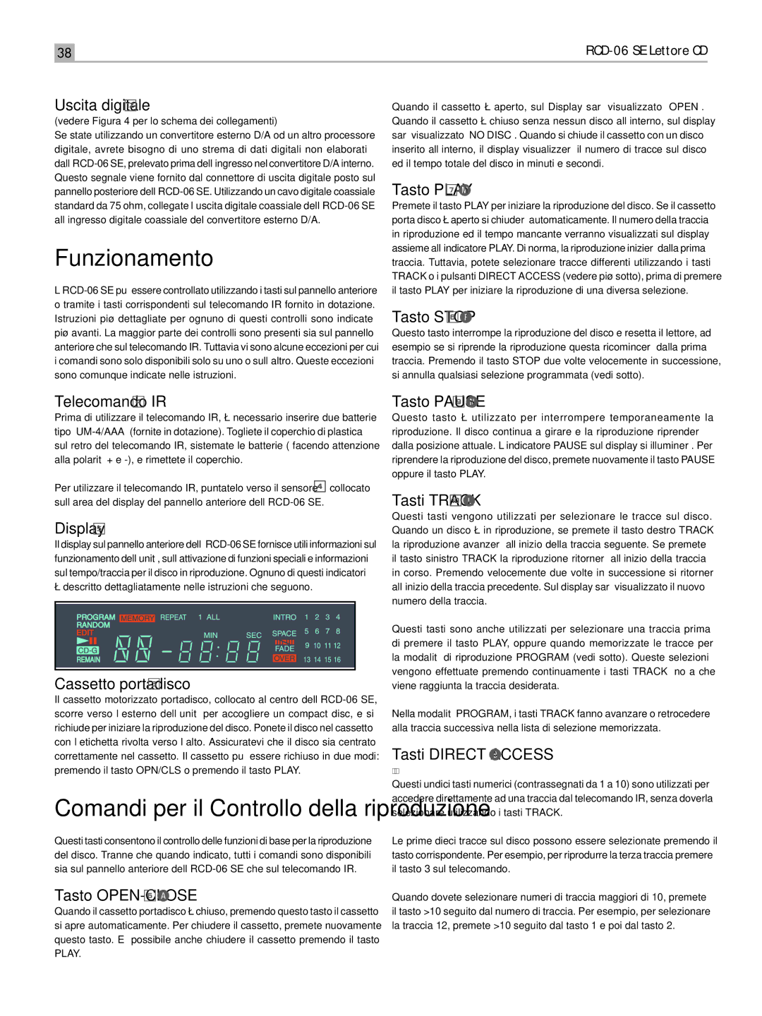 Rotel RCD-06 SE owner manual Funzionamento 