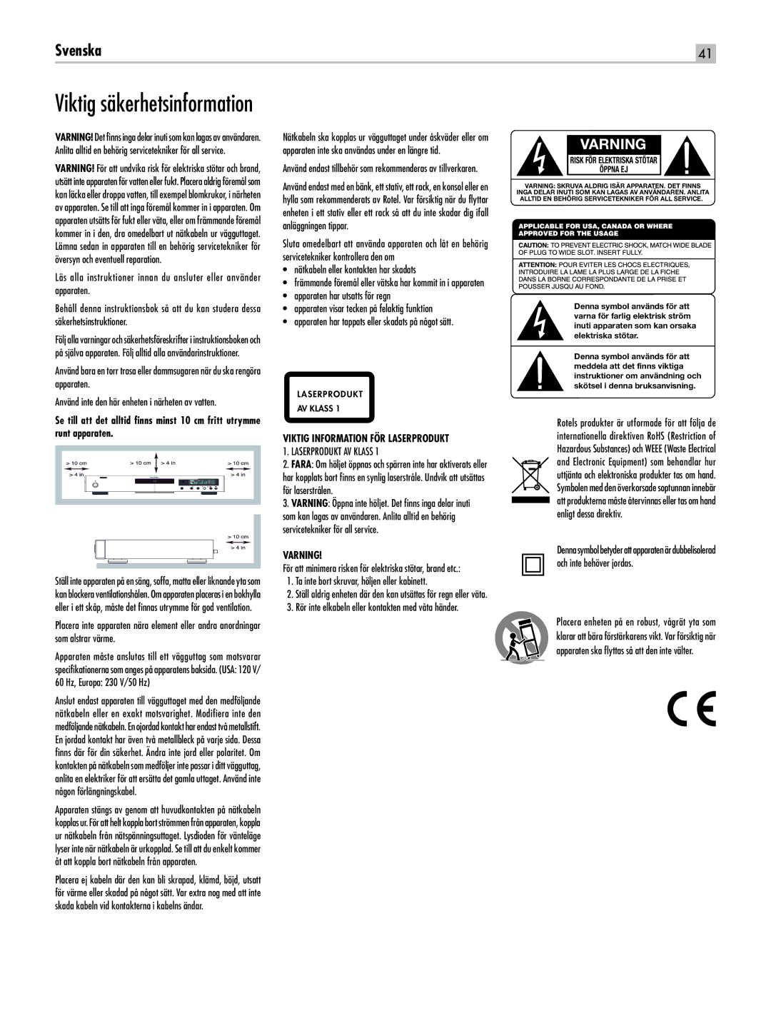 Rotel RCD-06 SE owner manual Laserprodukt AV Klass, Varning 