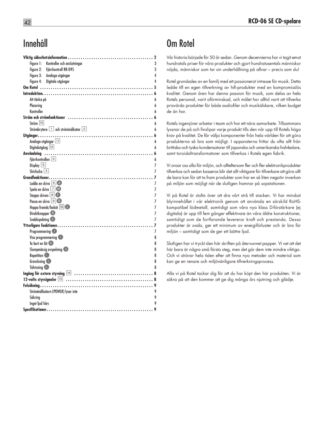 Rotel RCD-06 SE owner manual Innehåll, Om Rotel 