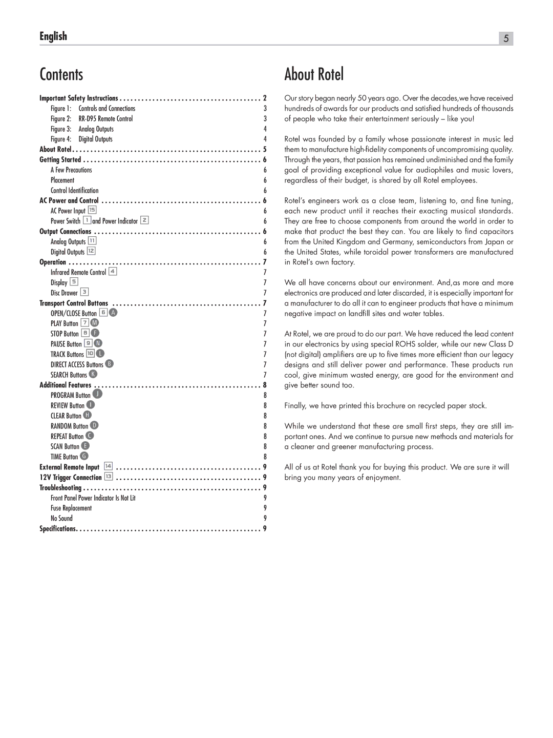 Rotel RCD-06 SE owner manual Contents About Rotel 