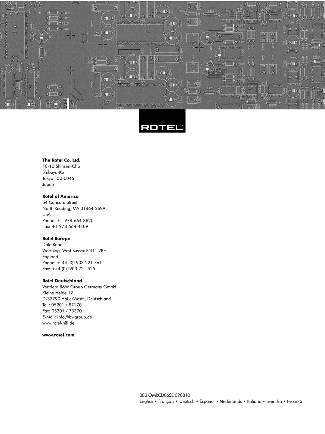 Rotel RCD-06 SE owner manual Rotel of America, Usa, Rotel Europe, Rotel Deutschland 