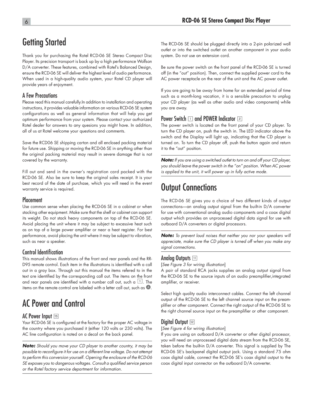 Rotel RCD-06 SE owner manual Getting Started, AC Power and Control, Output Connections 