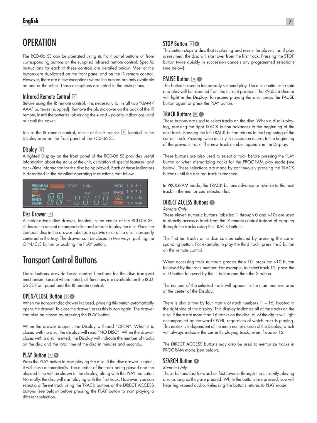 Rotel RCD-06 SE owner manual Transport Control Buttons 