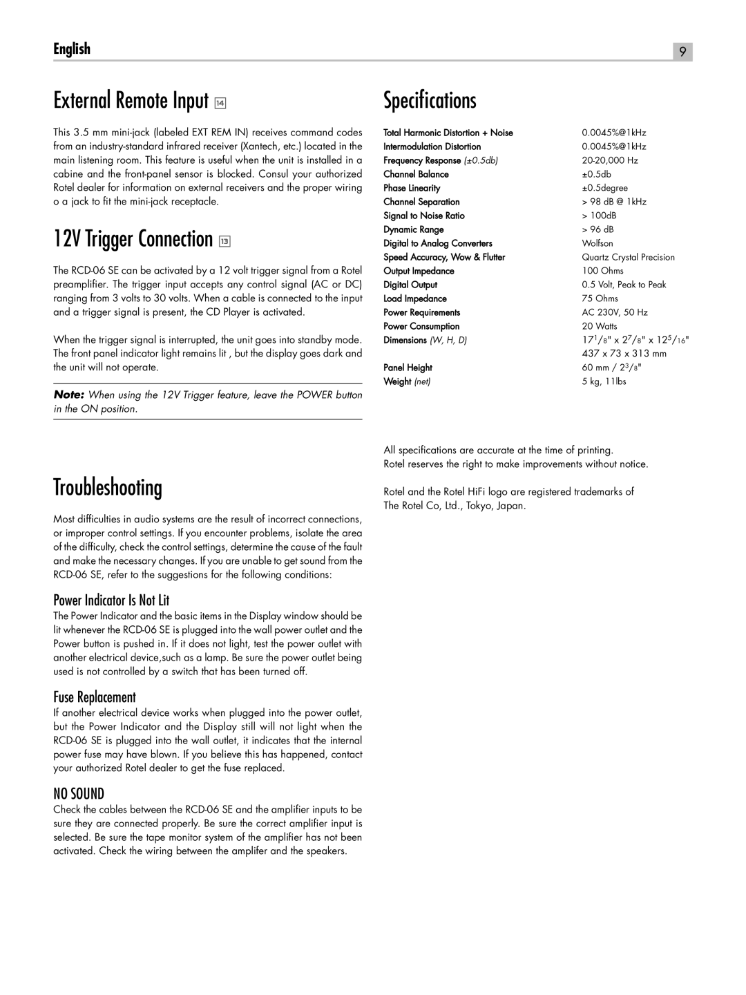Rotel RCD-06 SE owner manual External Remote Input w, 12V Trigger Connection q, Troubleshooting, Specifications 