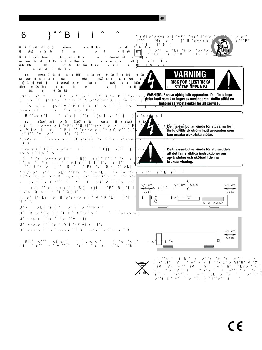 Rotel RCD-06 owner manual Viktig säkerhetsinstruktion 