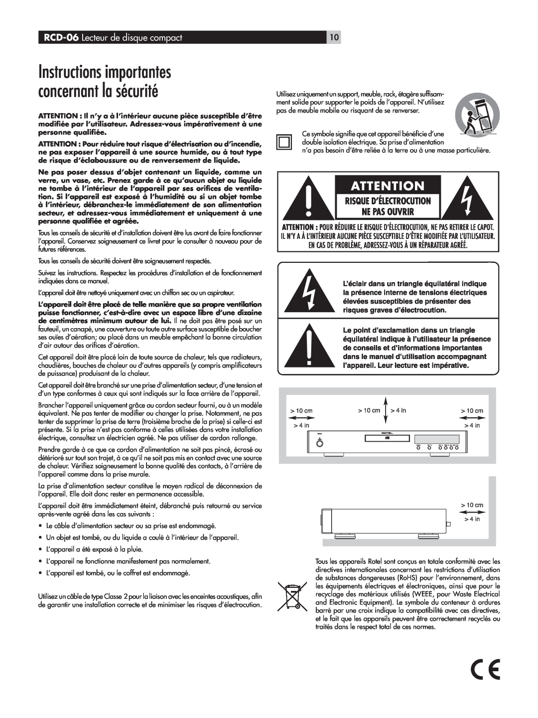 Rotel owner manual Instructions importantes concernant la sécurité, RCD-06 Lecteur de disque compact 