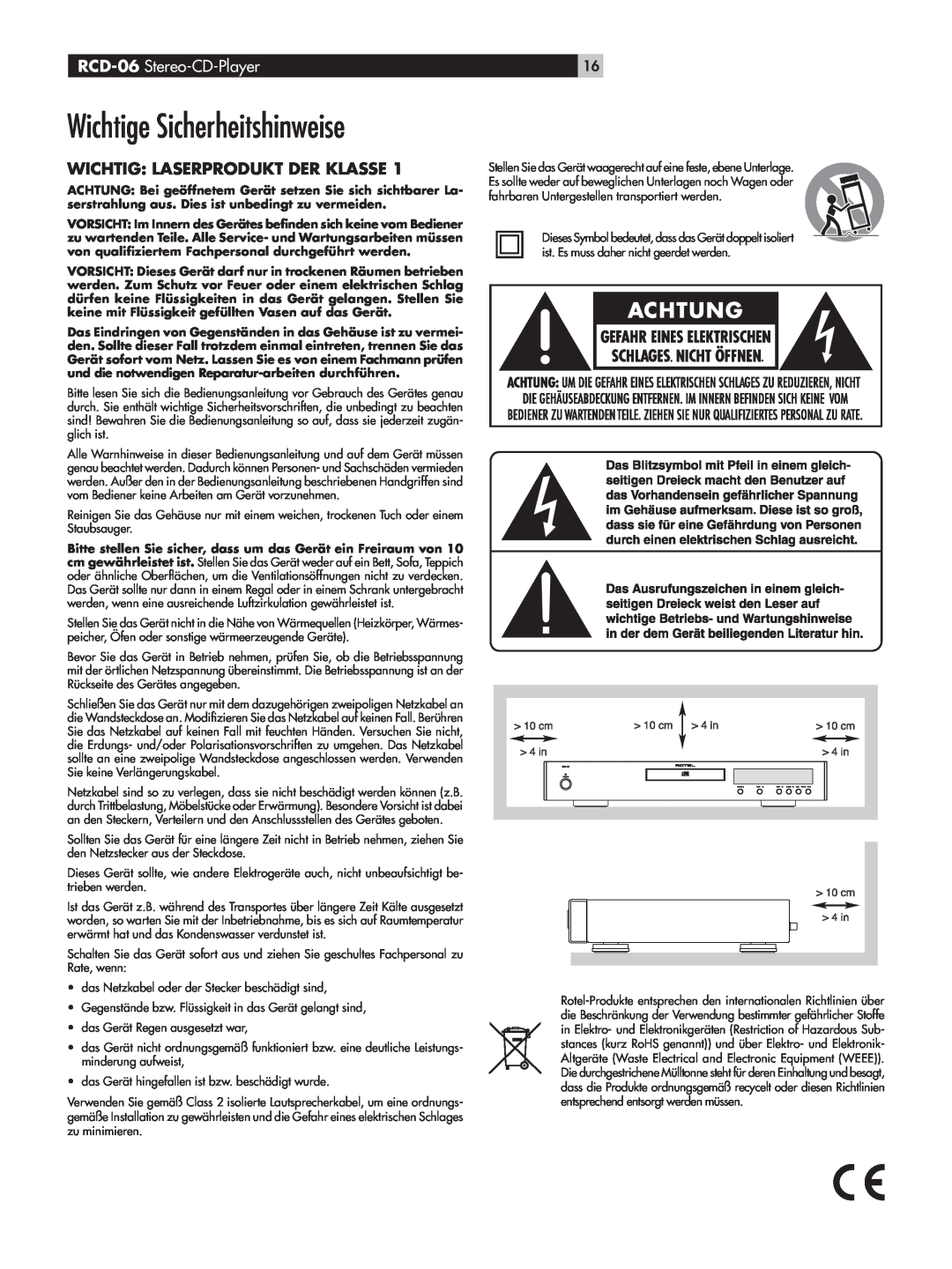 Rotel owner manual Wichtige Sicherheitshinweise, RCD-06 Stereo-CD-Player, Wichtig: Laserprodukt Der Klasse 