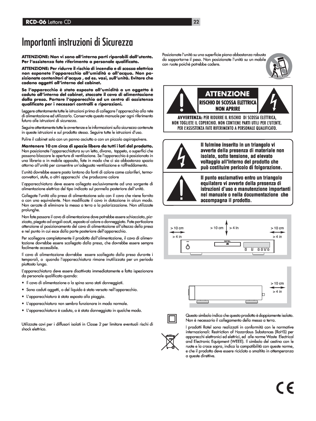 Rotel owner manual Importanti instruzioni di Sicurezza, RCD-06 Lettore CD 