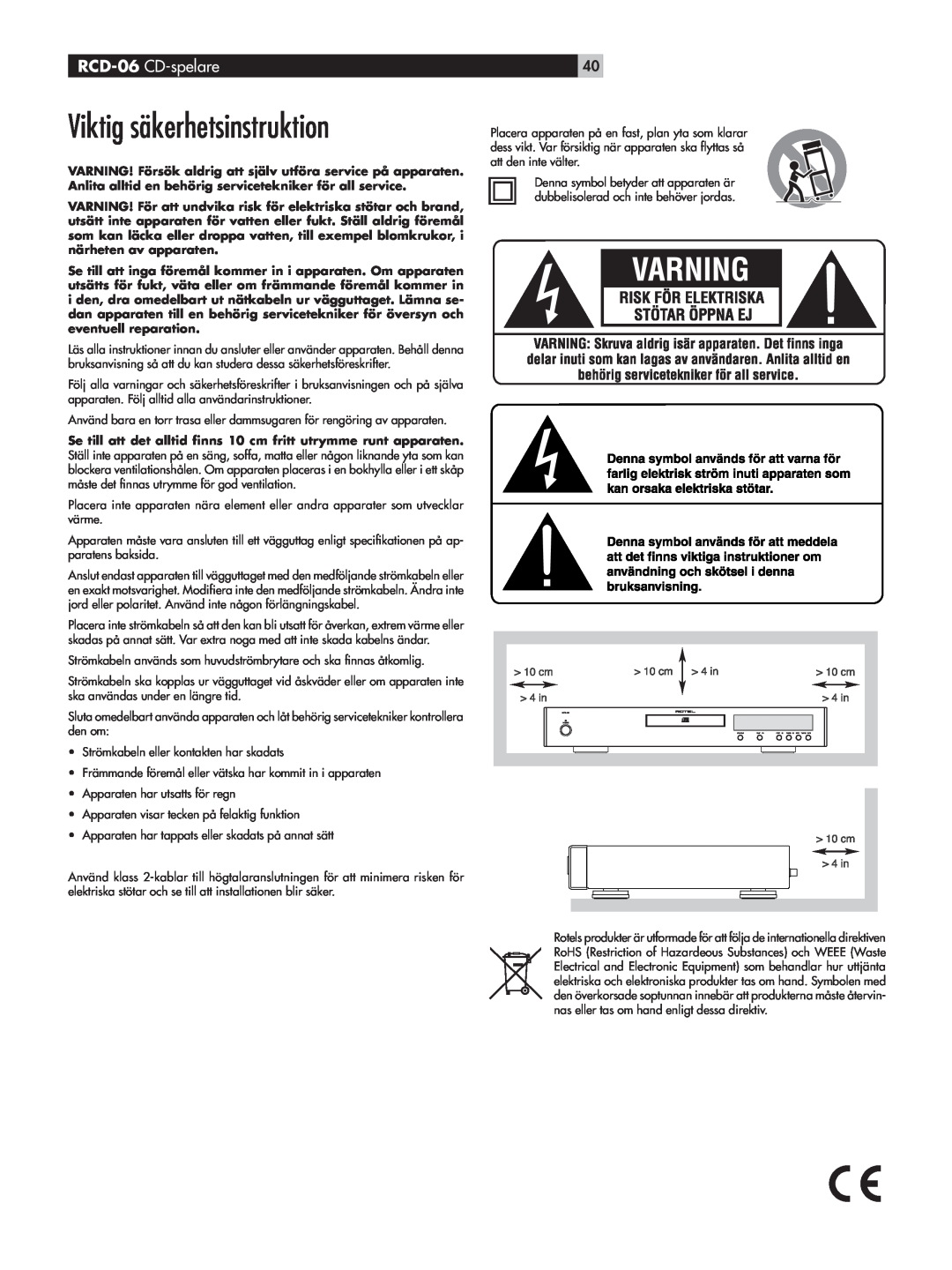 Rotel owner manual Viktig säkerhetsinstruktion, RCD-06 CD-spelare 