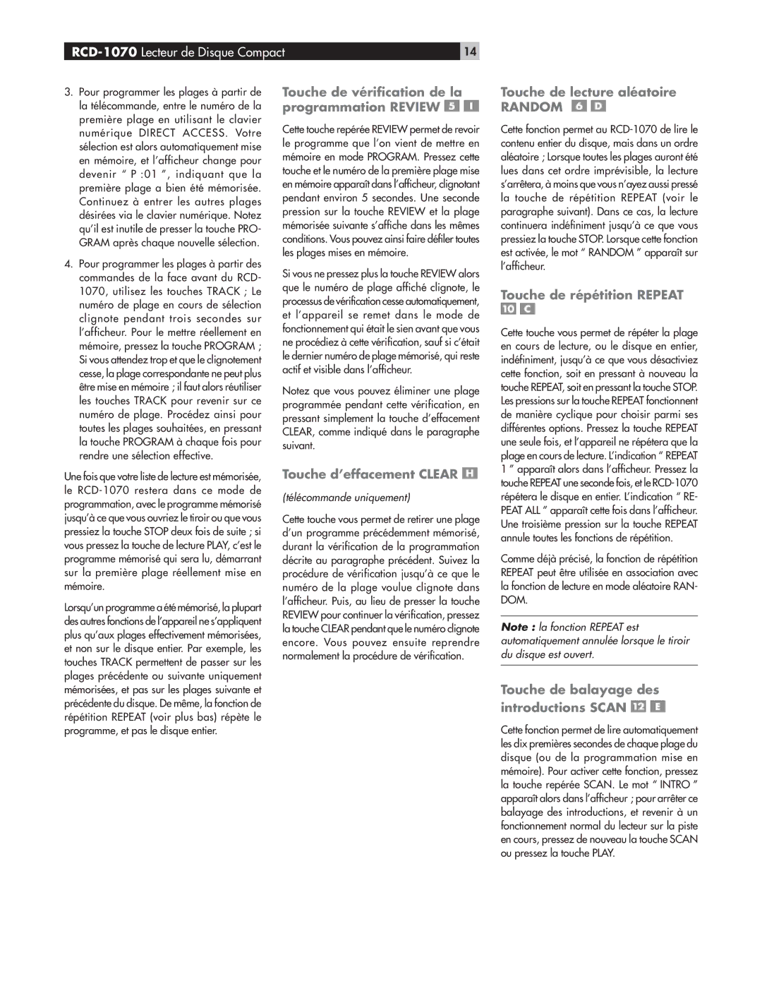 Rotel RCD-1070 Touche de vérification de la programmation Review, Touche de lecture aléatoire, Touche de répétition Repeat 