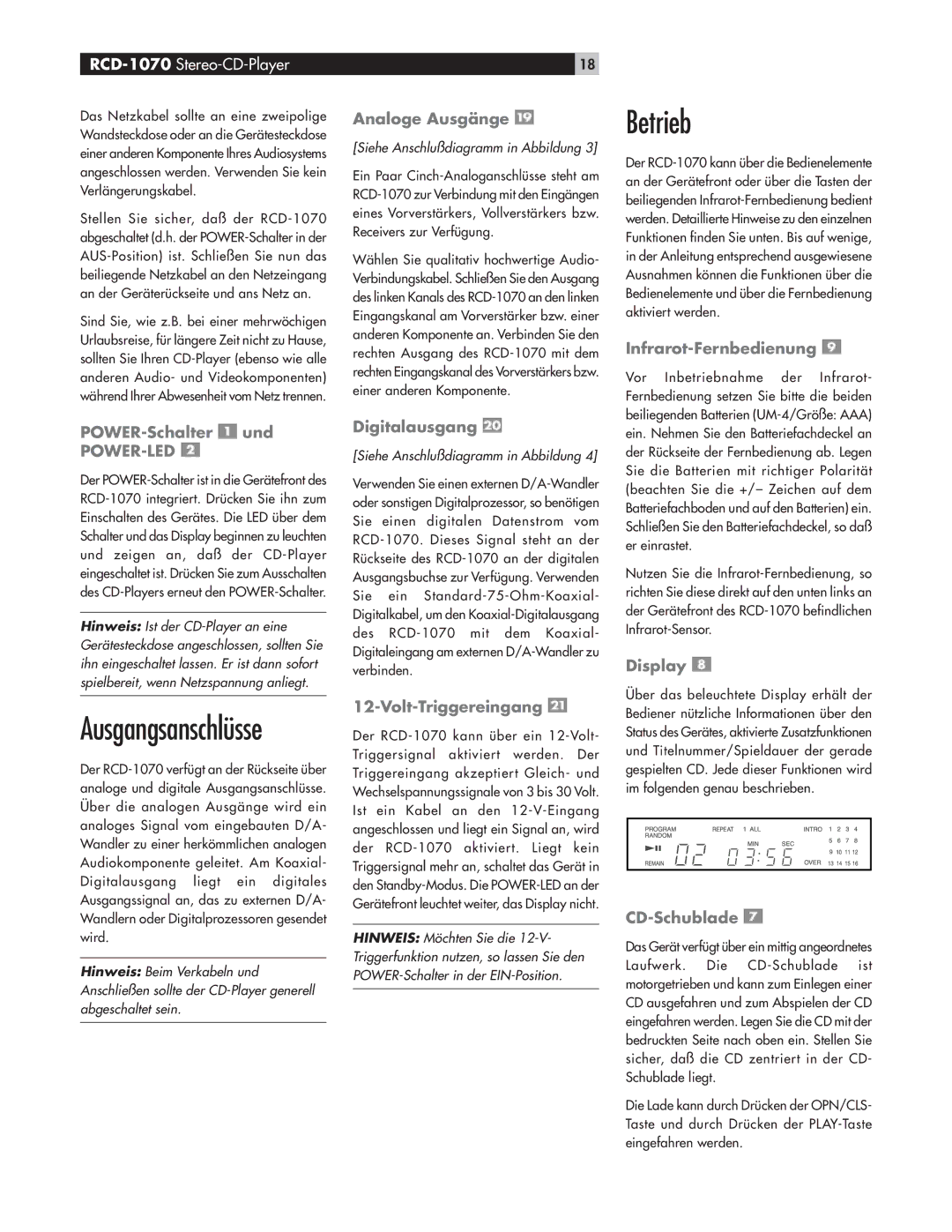 Rotel RCD-1070 owner manual Betrieb, POWER-Schalter und, Volt-Triggereingang, Infrarot-Fernbedienung, CD-Schublade 