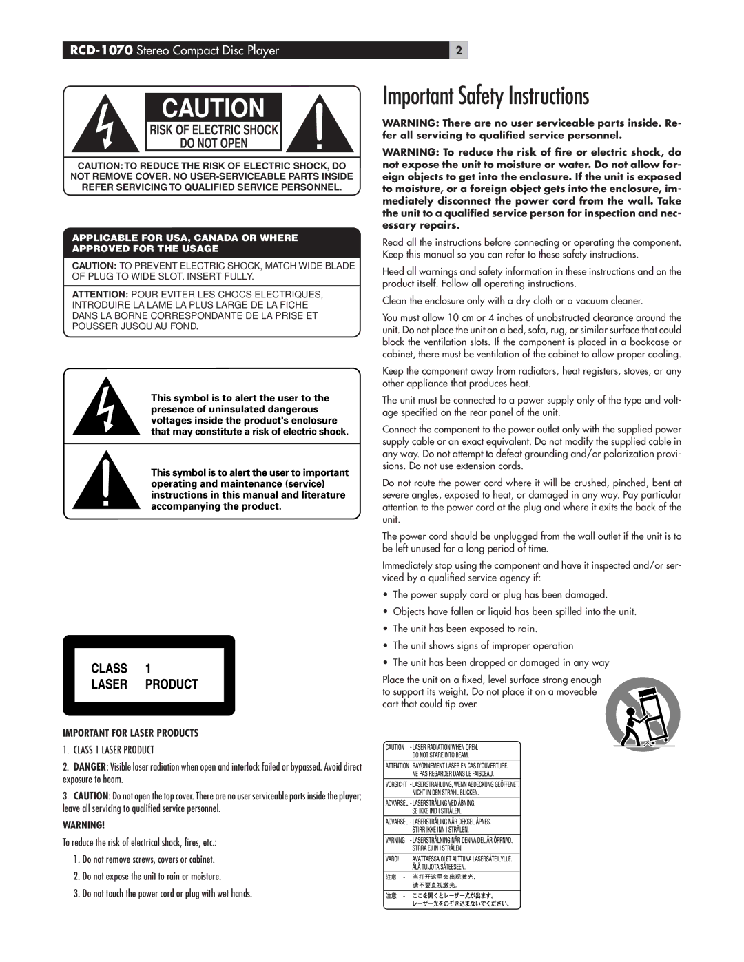 Rotel owner manual Important Safety Instructions, RCD-1070Stereo Compact Disc Player 