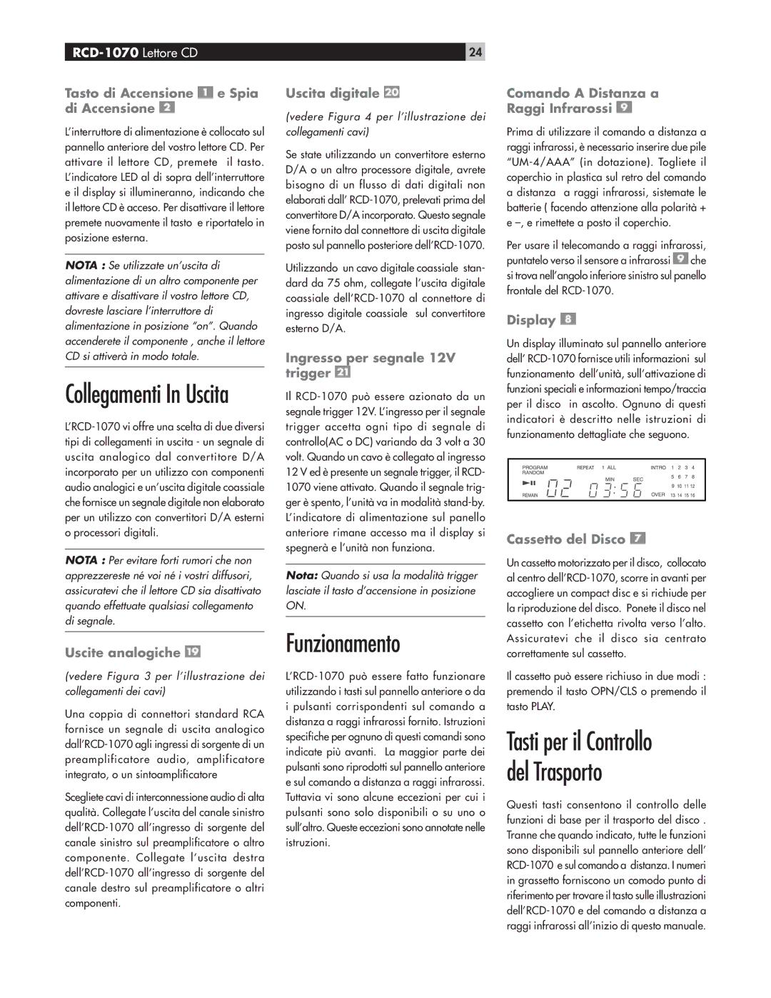 Rotel RCD-1070 owner manual Funzionamento 