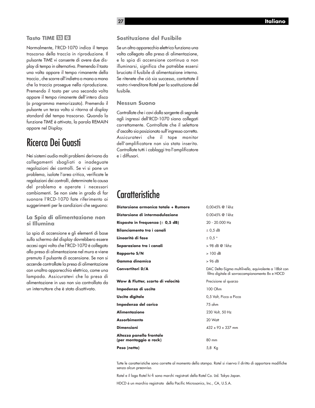 Rotel RCD-1070 owner manual Ricerca Dei Guasti, Caratteristiche 