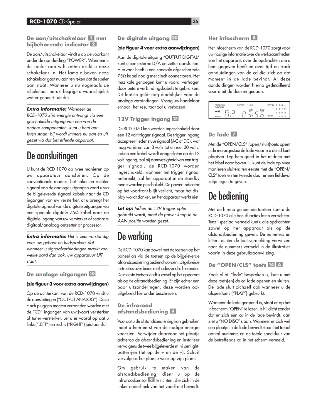 Rotel RCD-1070 owner manual De aansluitingen, De werking, De bediening 