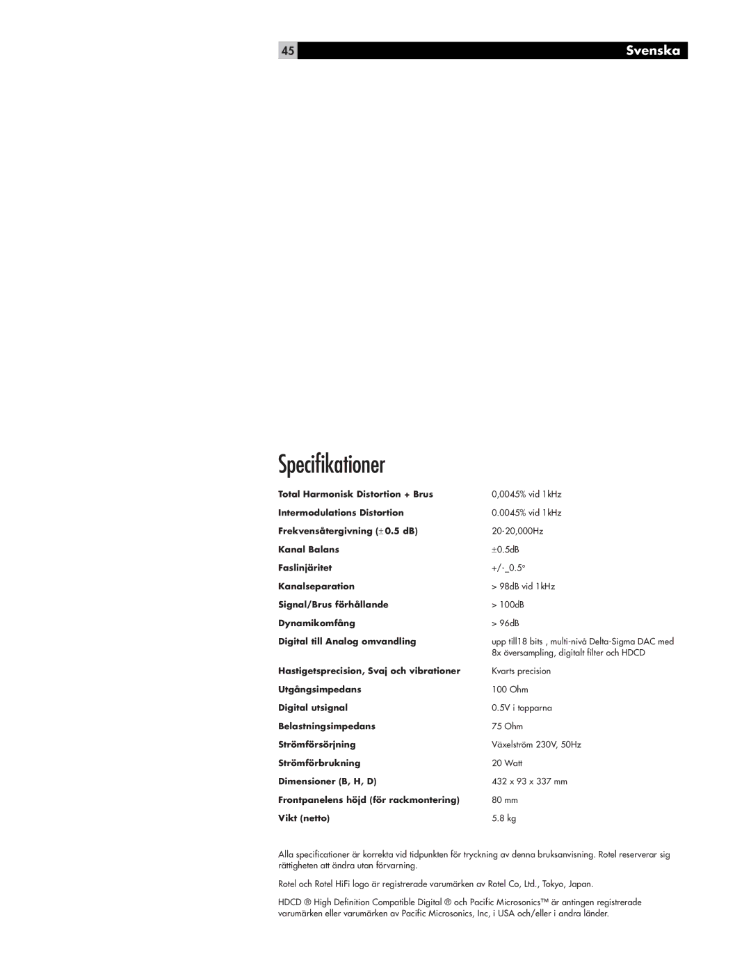 Rotel RCD-1070 owner manual Specifikationer 