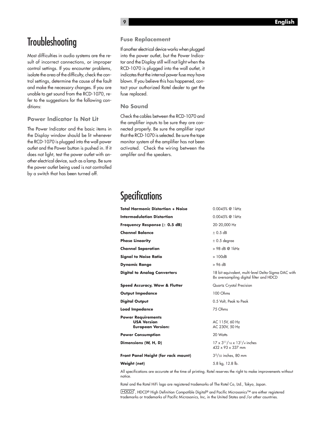 Rotel RCD-1070 owner manual Troubleshooting, Specifications, Power Indicator Is Not Lit, Fuse Replacement, No Sound 