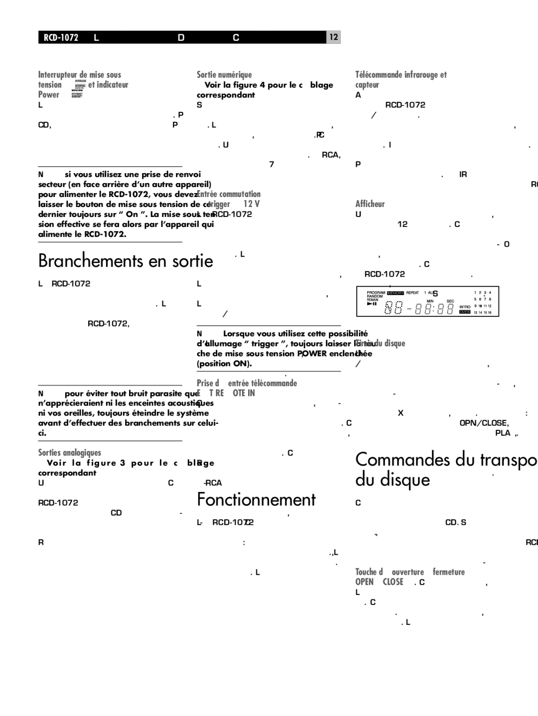 Rotel RCD-1072 owner manual Fonctionnement, Commandes du transport du disque, EXT Remote, Open/Close 