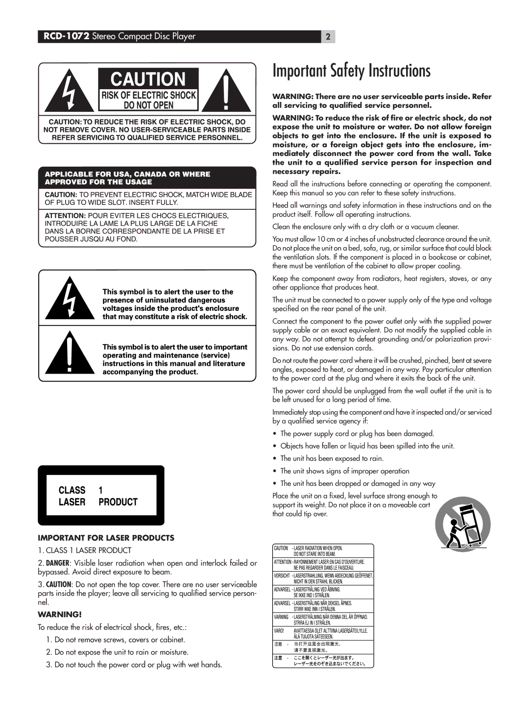 Rotel owner manual Important Safety Instructions, RCD-1072Stereo Compact Disc Player 