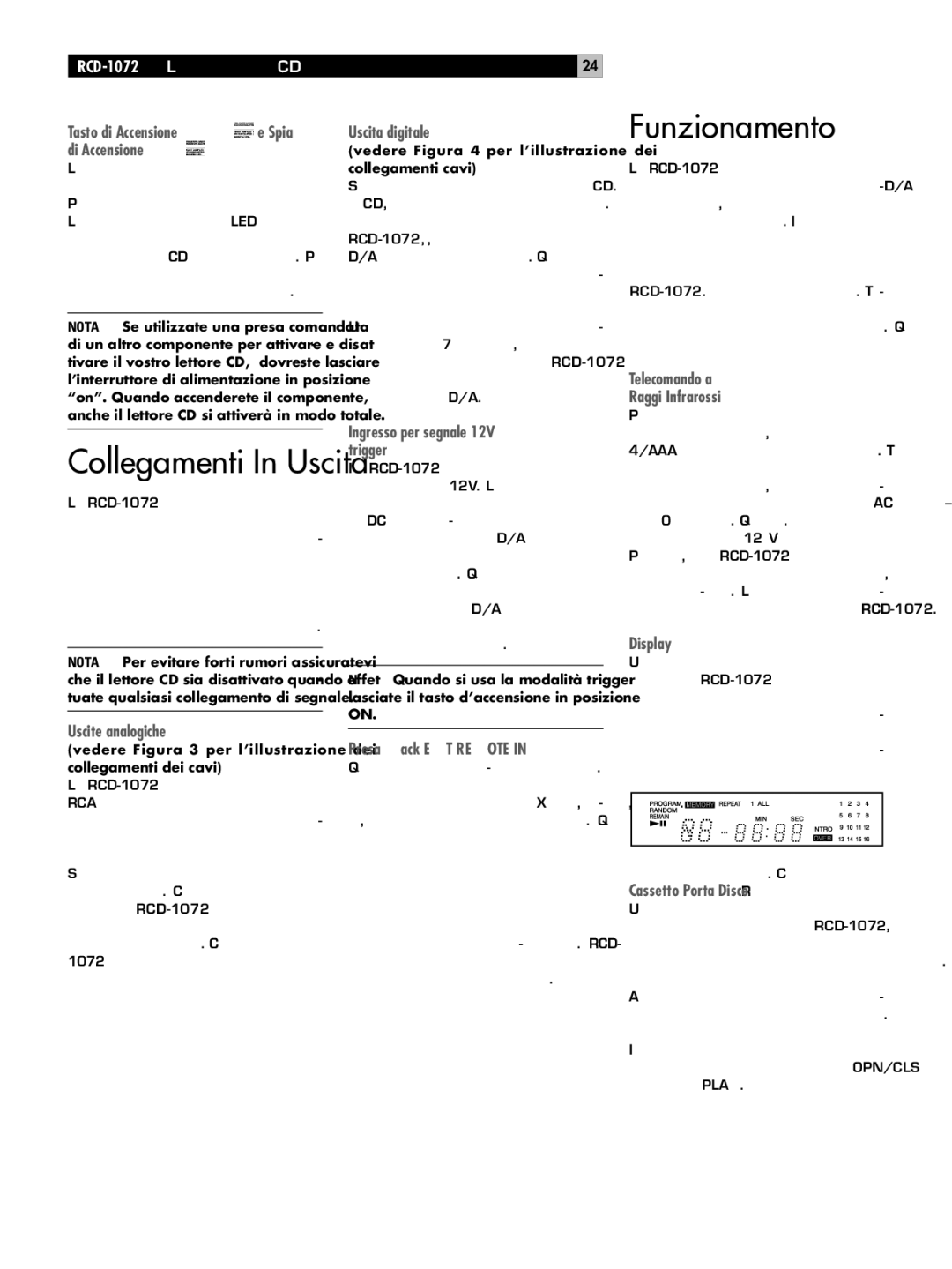 Rotel RCD-1072 owner manual Funzionamento, Collegamenti In Uscita 