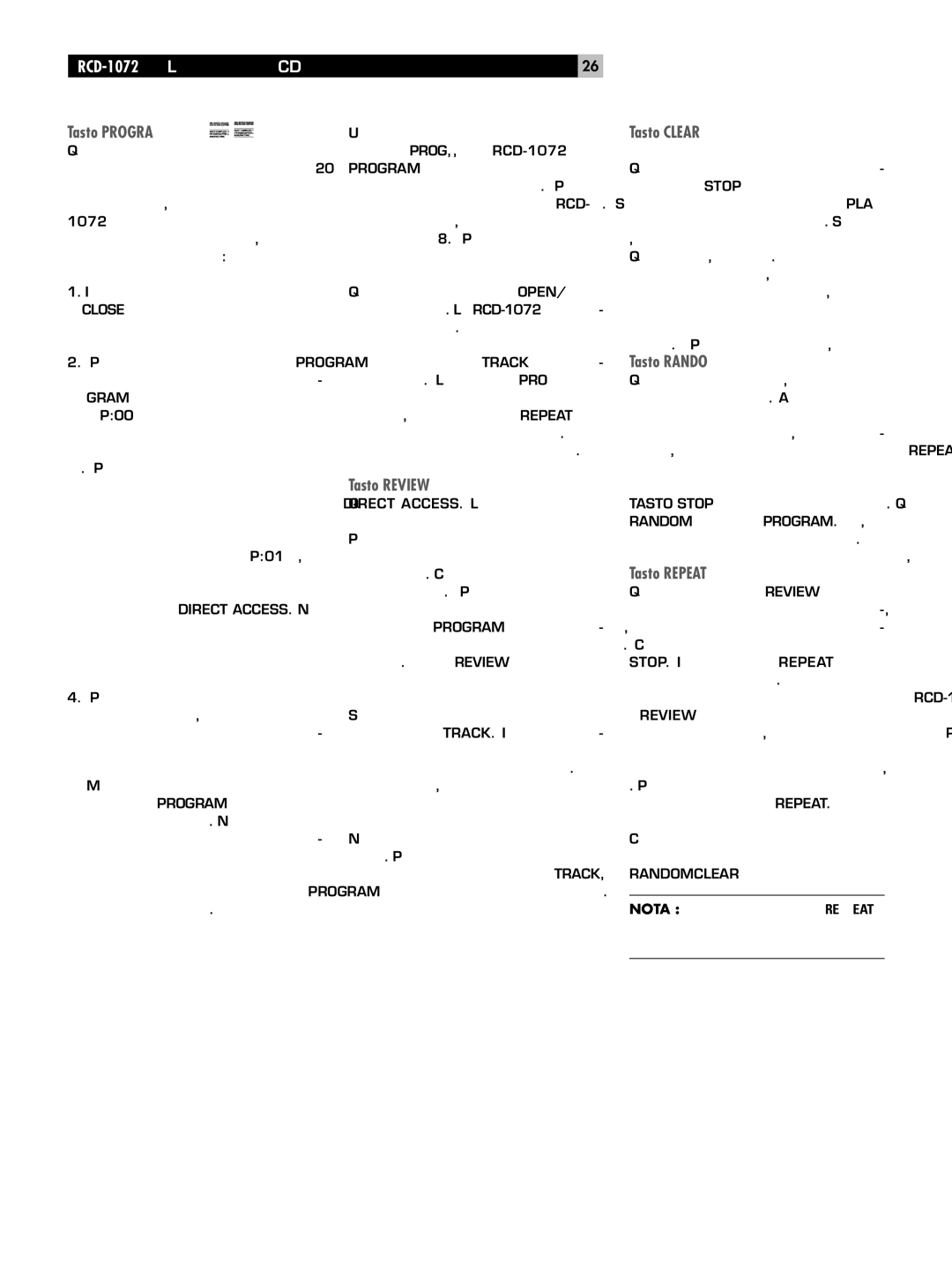 Rotel RCD-1072 owner manual Tasto Program, Tasto Review, Tasto Clear, Tasto Random, Tasto Repeat 