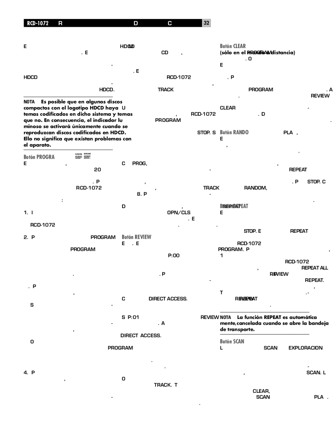 Rotel RCD-1072 owner manual Botón Program, Botón Review, Botón Clear, Botón Random, Botón Repeat, Botón Scan 