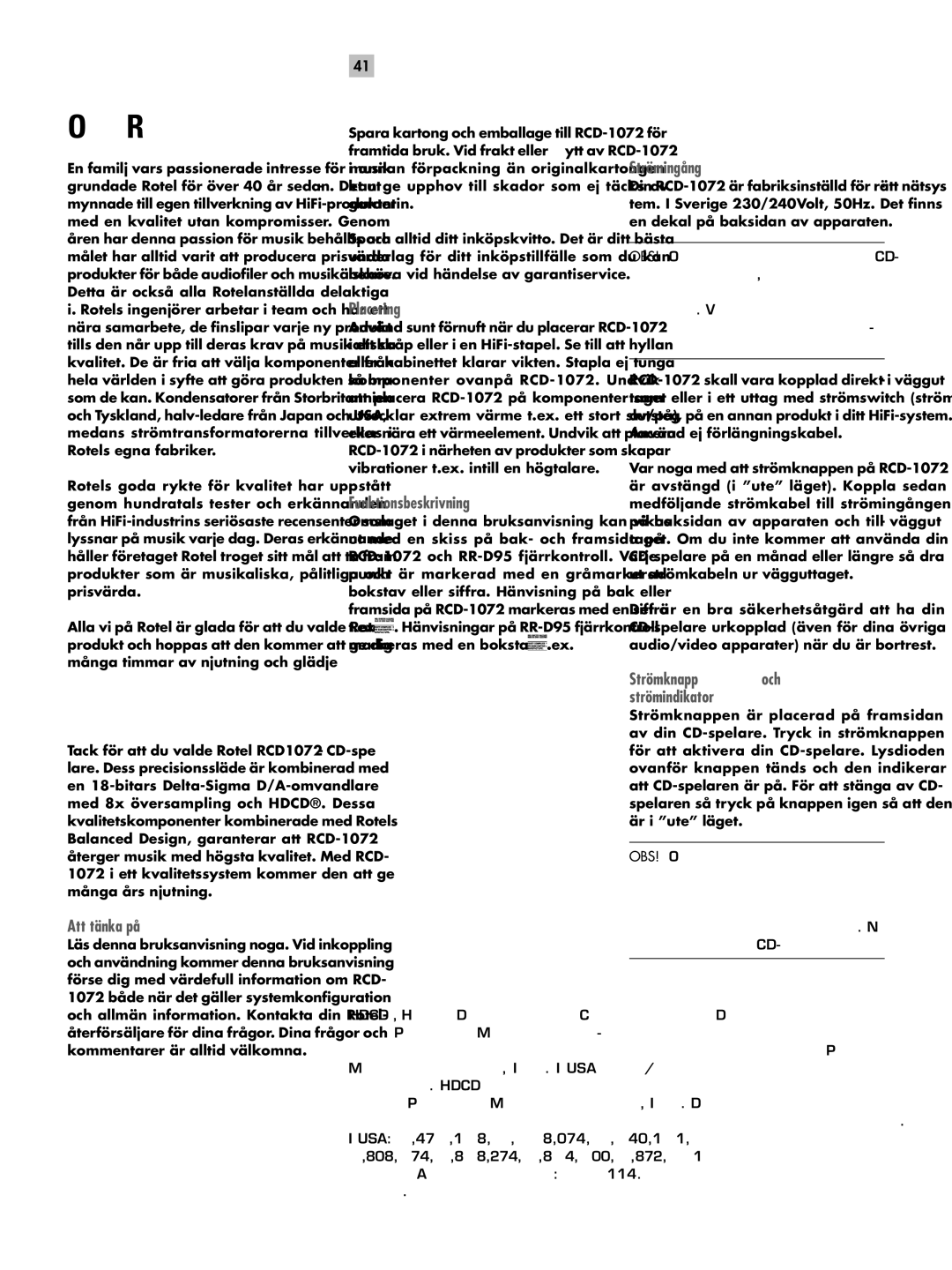 Rotel RCD-1072 owner manual Om Rotel, Introduktion, Svenska 