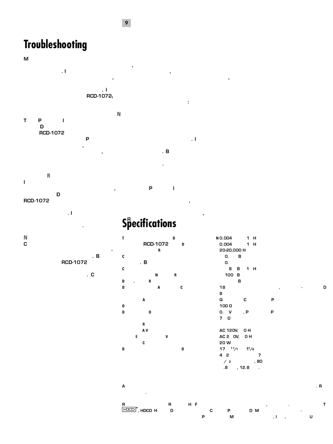 Rotel RCD-1072 owner manual Troubleshooting, Speciﬁcations, Power Indicator Is Not Lit, Fuse Replacement, No Sound 