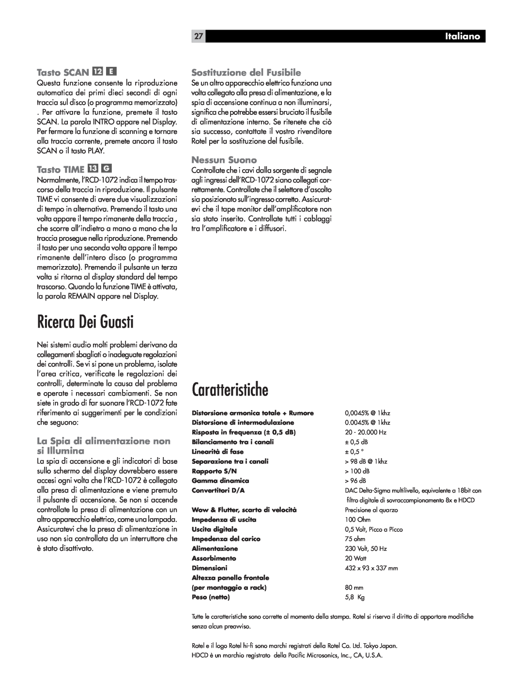 Rotel RCD-1072 Ricerca Dei Guasti, Caratteristiche, Tasto SCAN, Tasto TIME, Sostituzione del Fusibile, Nessun Suono 