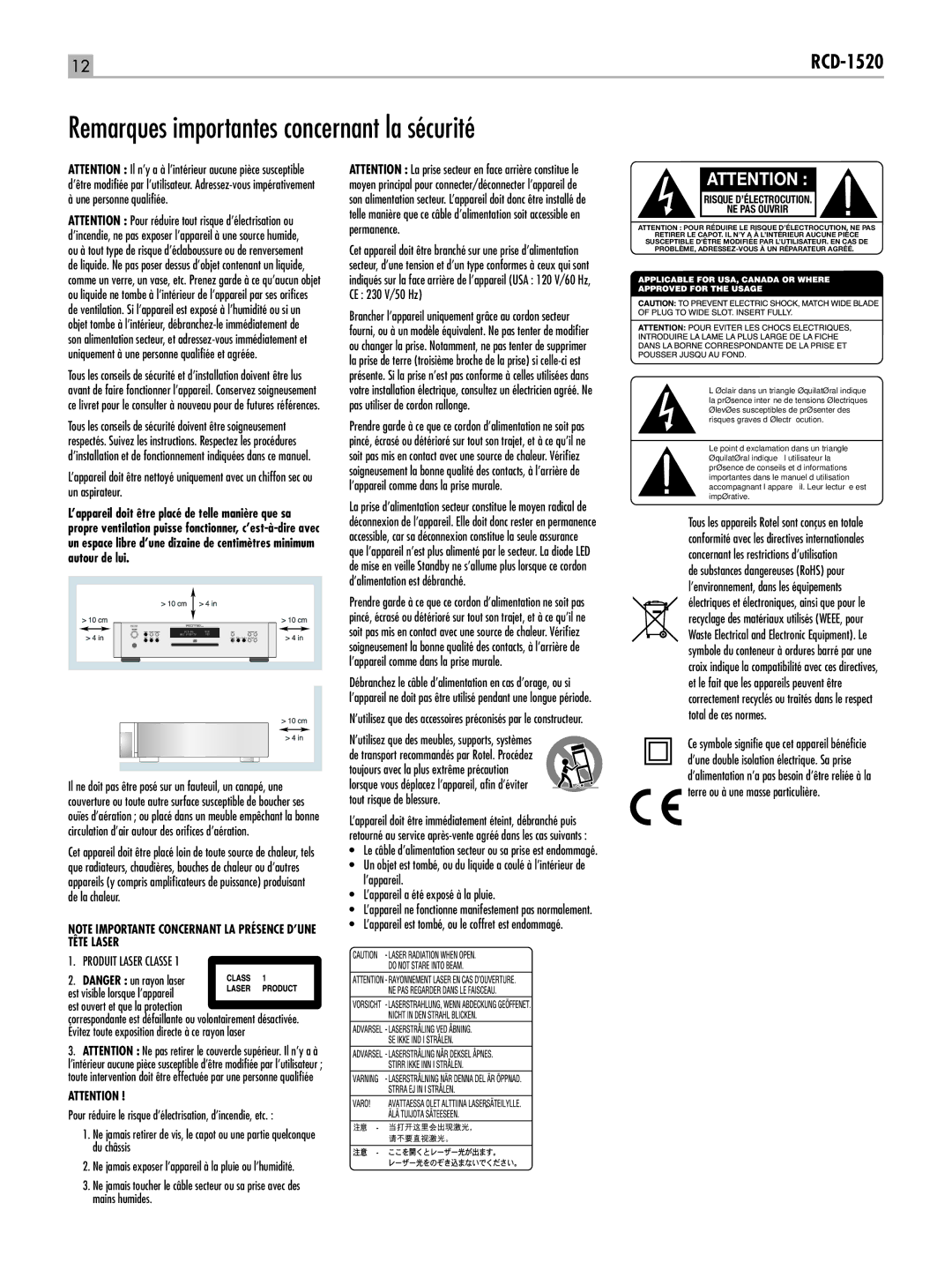 Rotel RCD-1520 owner manual Remarques importantes concernant la sécurité, ’utilisez que des meubles, supports, systèmes 