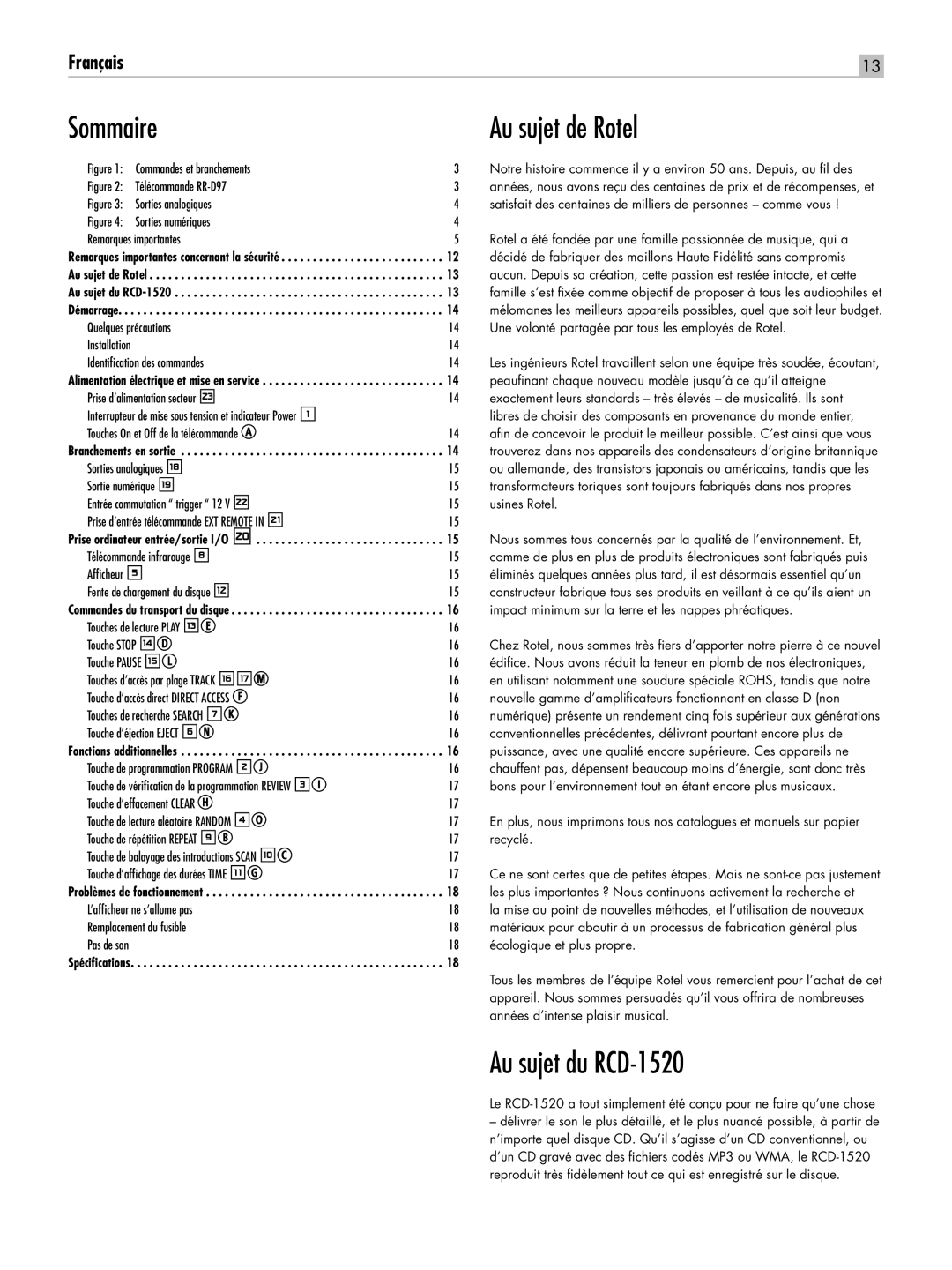 Rotel owner manual Sommaire Au sujet de Rotel, Au sujet du RCD-1520 